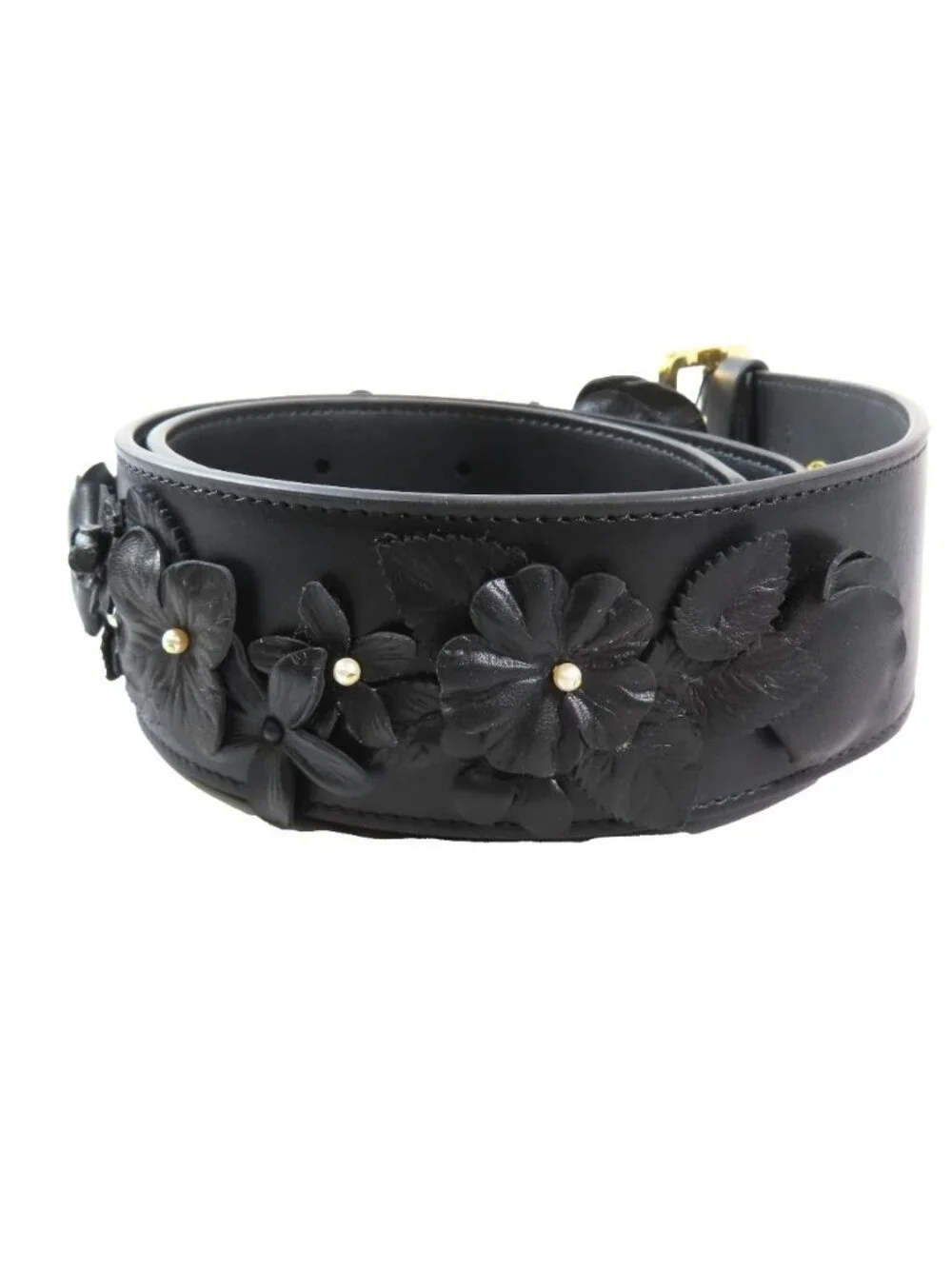 Dior Flower Motif Floral Pattern Decoration Leather Belt Black Gold